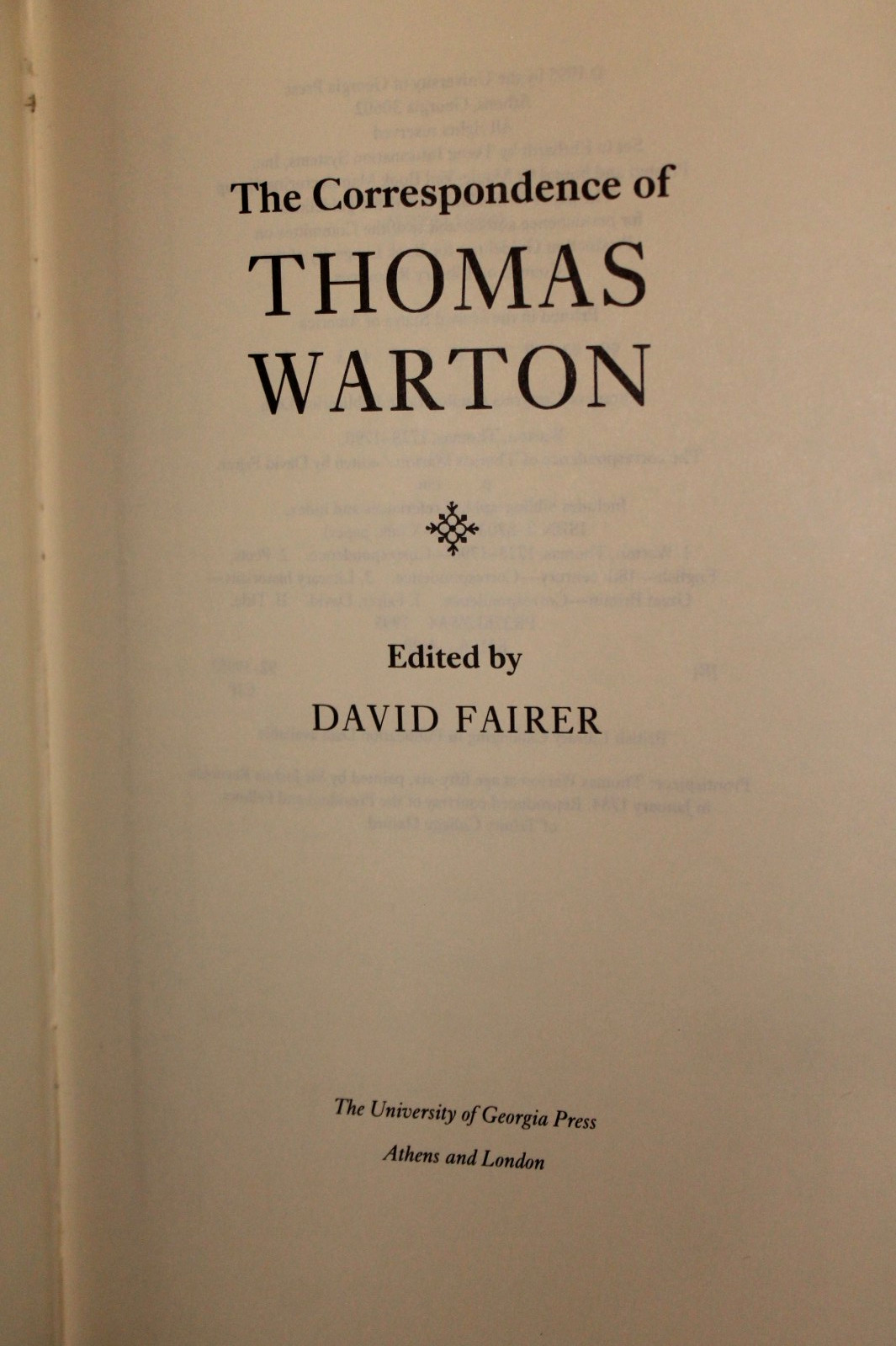 THE CORRESPONDENCE OF THOMAS WARTON Edited by D. Fairer (1995 HB) 1st/1st