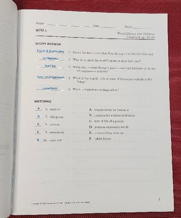 A Beka Book WORLD HISTORY & CULTURES 10th Grade Quiz Key 57282005