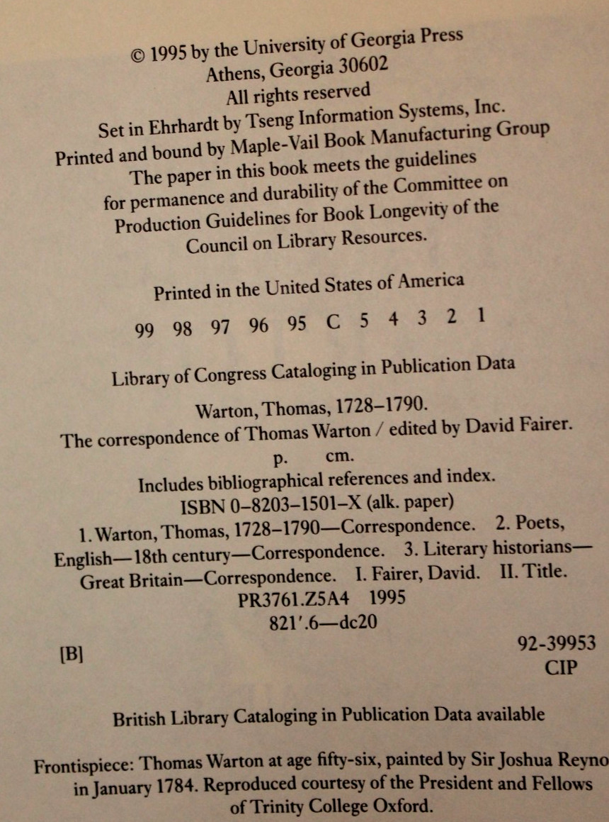THE CORRESPONDENCE OF THOMAS WARTON Edited by D. Fairer (1995 HB) 1st/1st