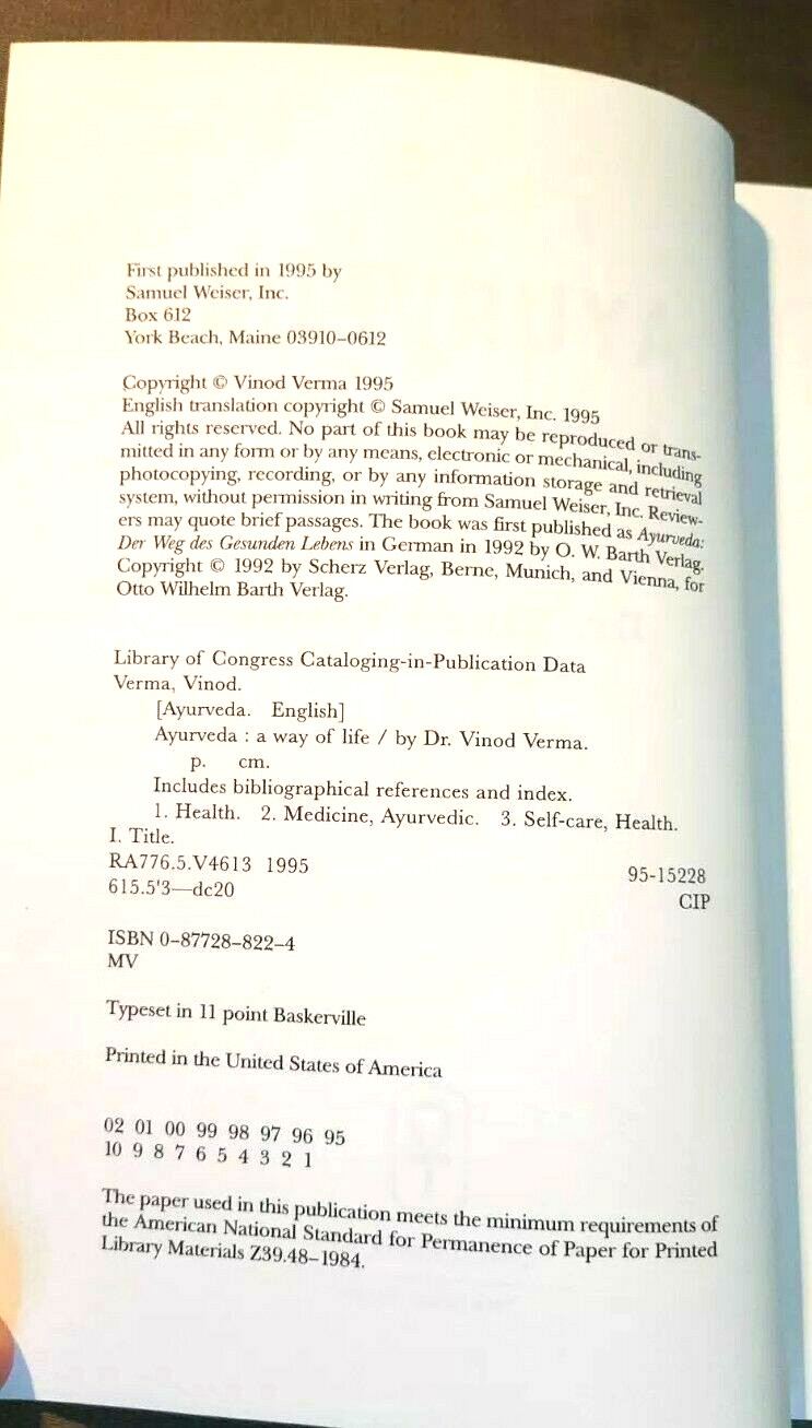 Ayurveda : A Way of Life by Vinod Verma (1995, PAPERBACK)