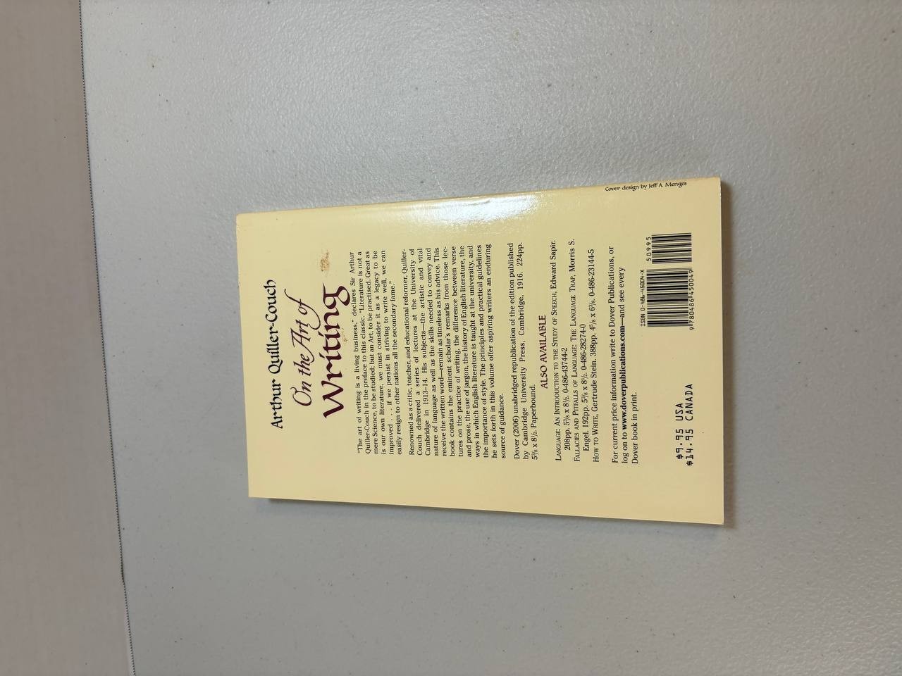 On the Art of Writing by Arthur Quiller-Couch Paperback Dover Writing Guide