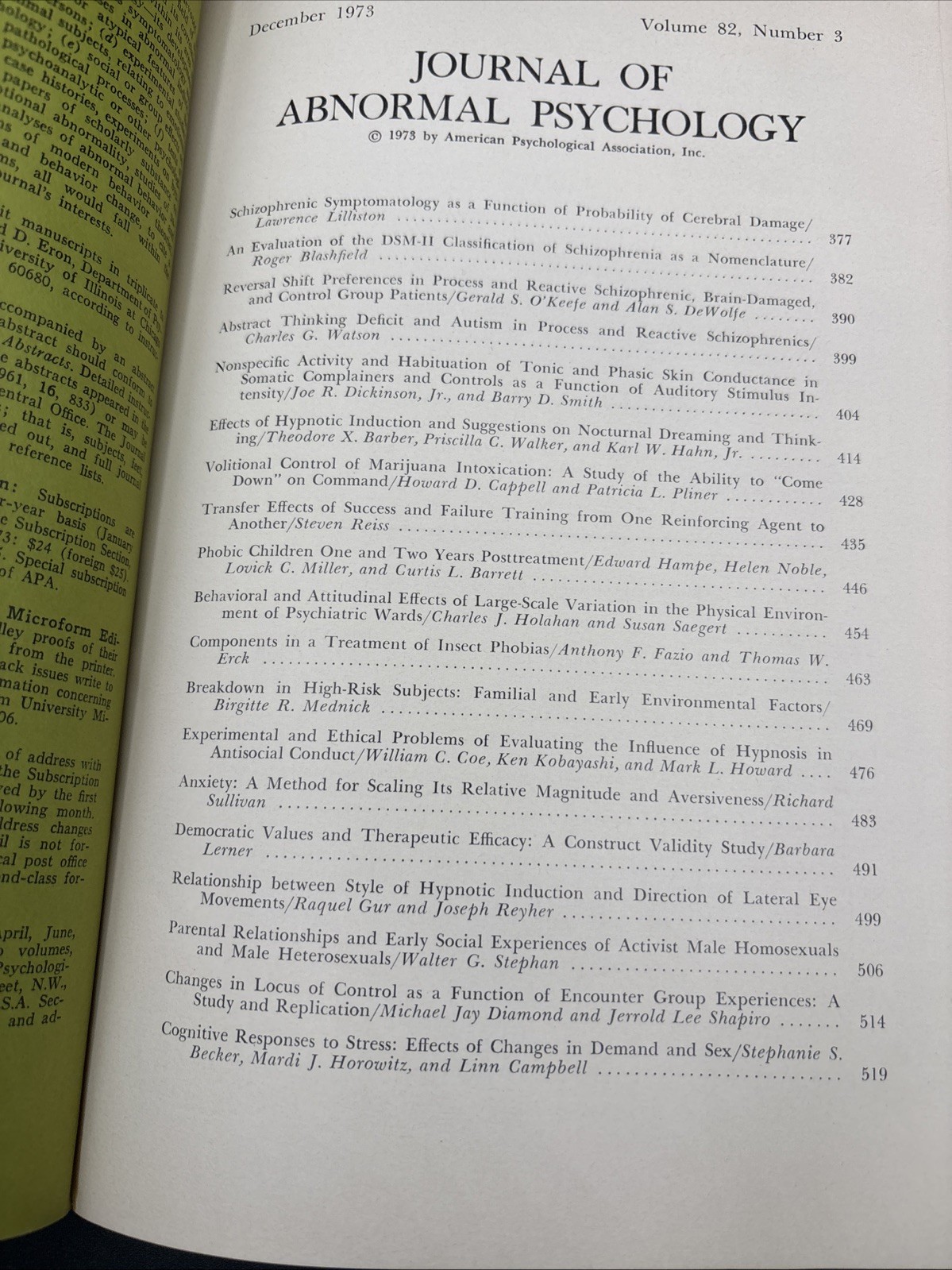 1973 Journal Of Abnormal Psychology Vol 82 1-2-3 APA Behavior Drug Treatment