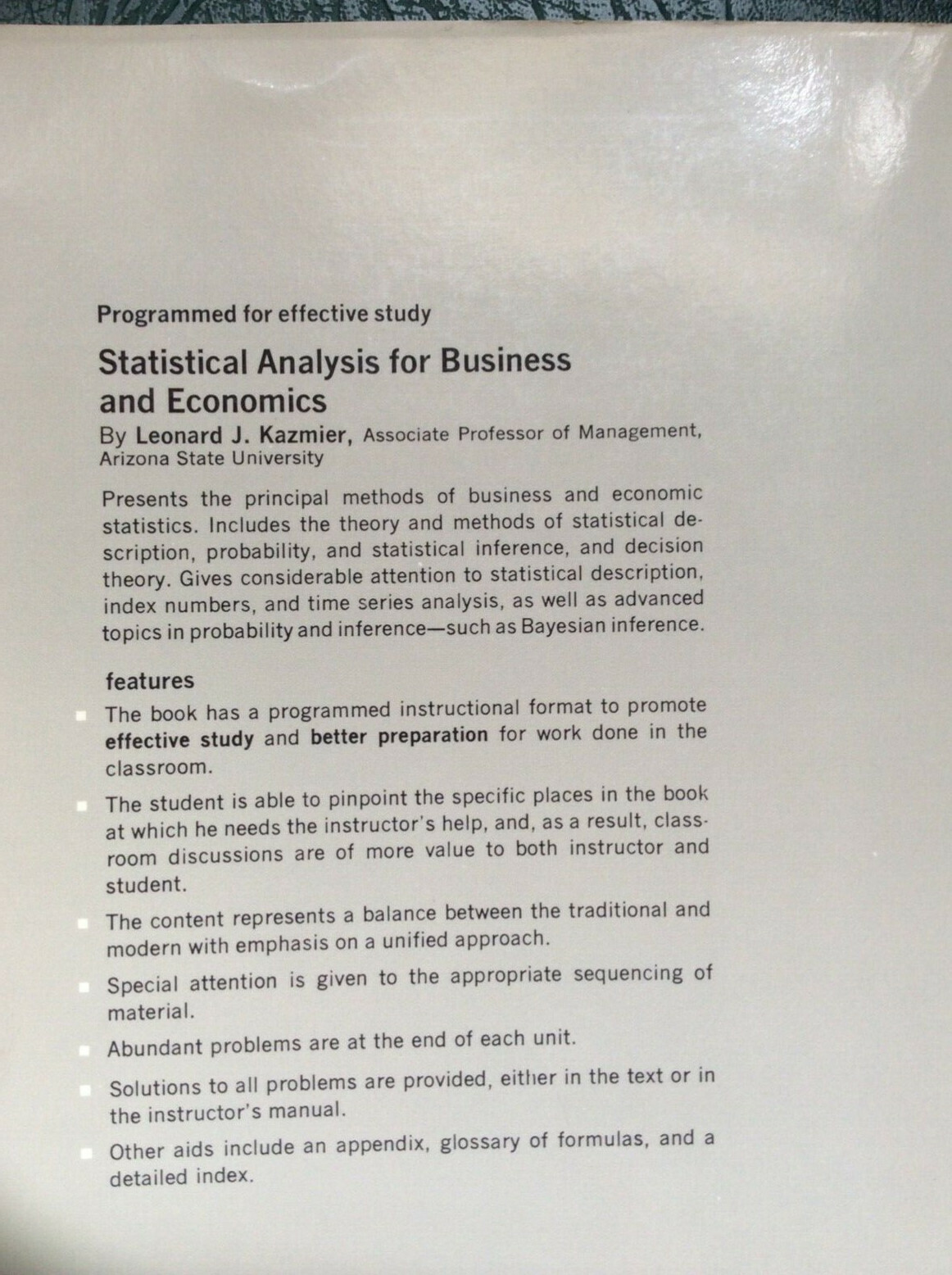 Statistical Analysis for Business and Economics by Leonard J. Kazmier