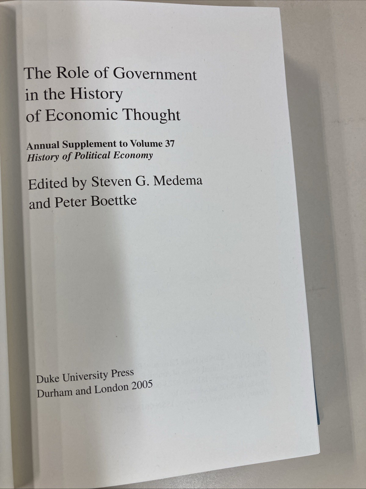 Role of Government in the History of Economic Thought 2005 Supplement HC 2005