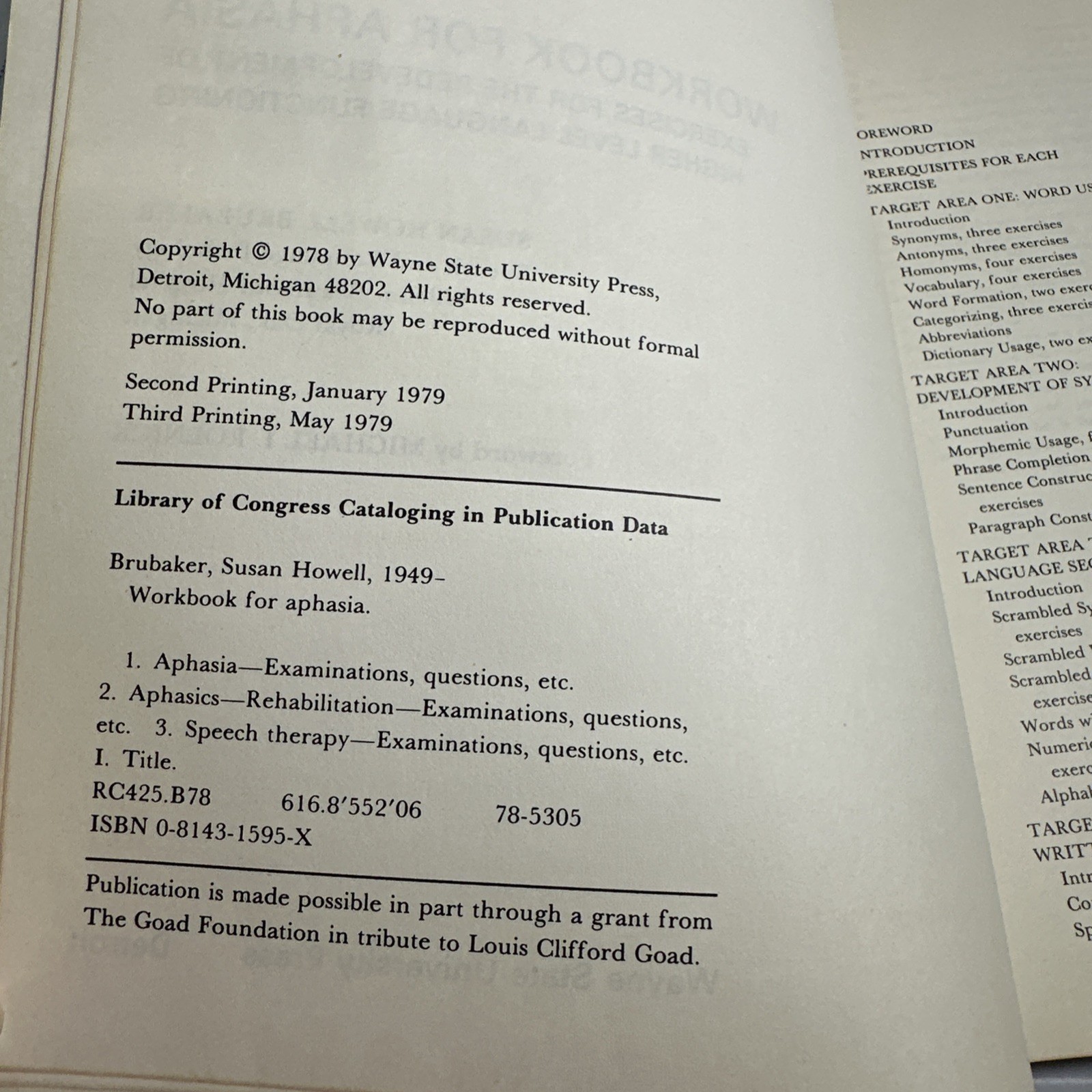 Workbook for Aphasia Susan Brubaker 1979 pb Redevelopment Language Functioning