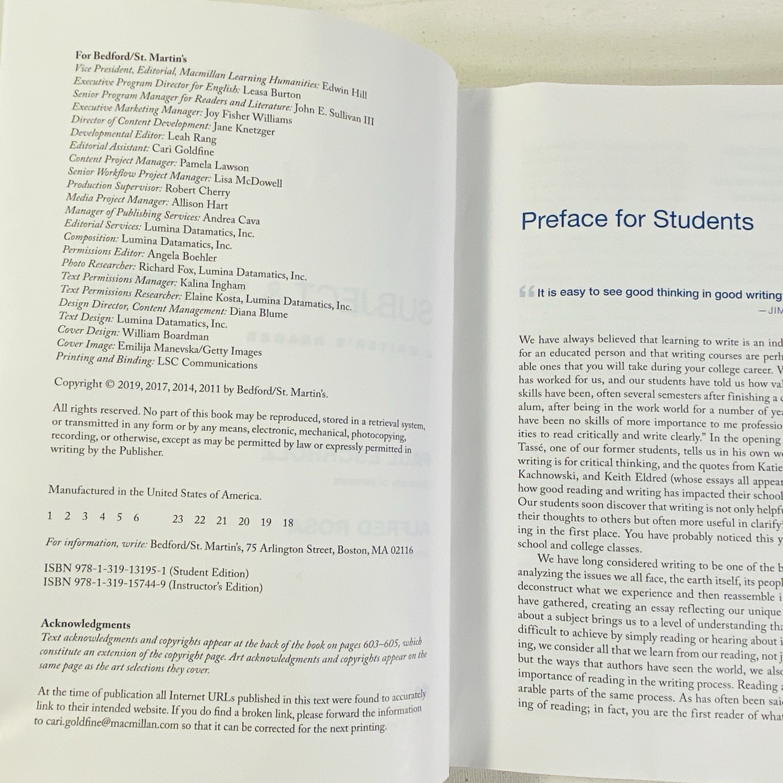 Subject and Strategy A Writer’s Reader by Paul Eschholz and Alfred Rosa 2018 PB