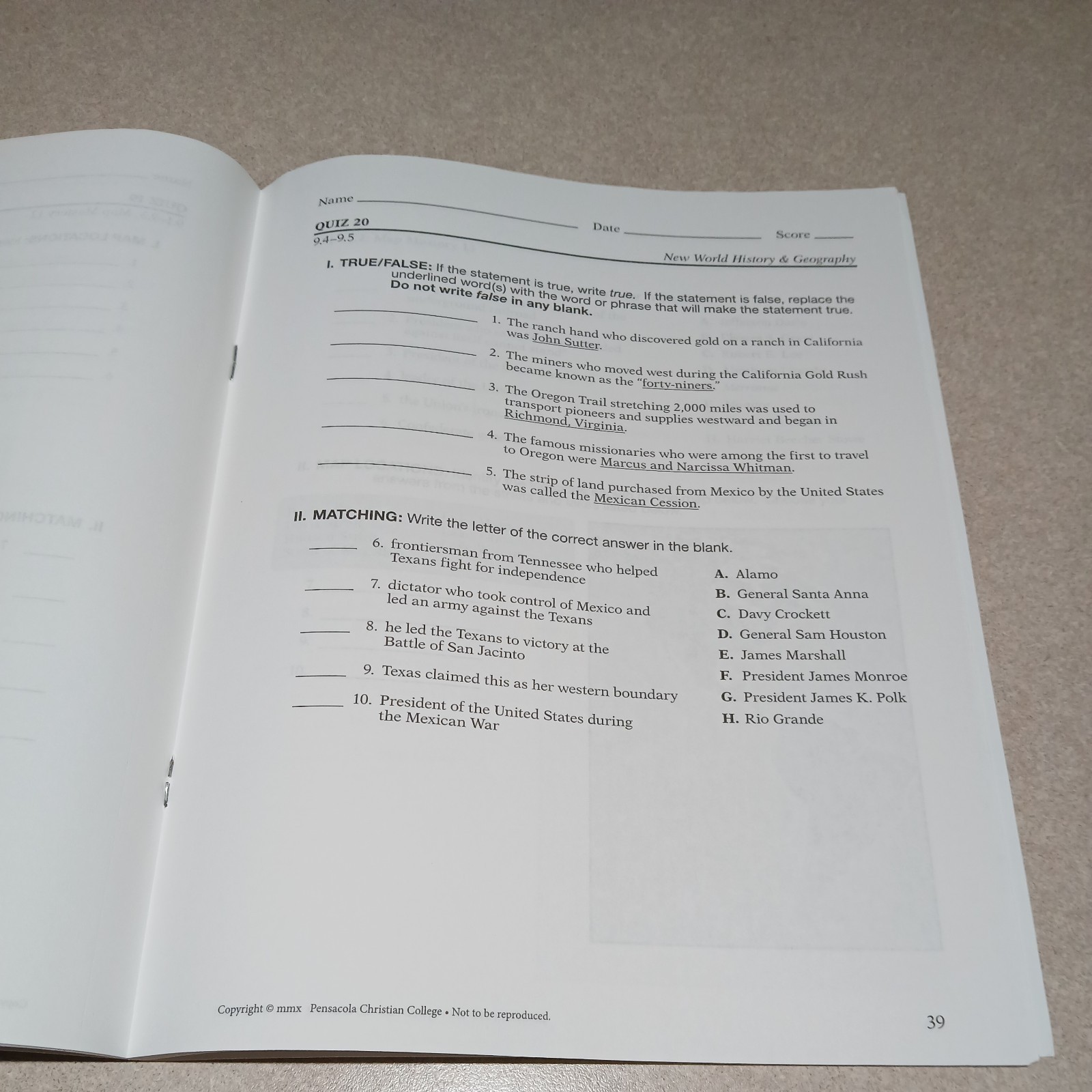 ABeka 6th Grade New World History & Geography Keys, Quizzes, Tests, and Maps