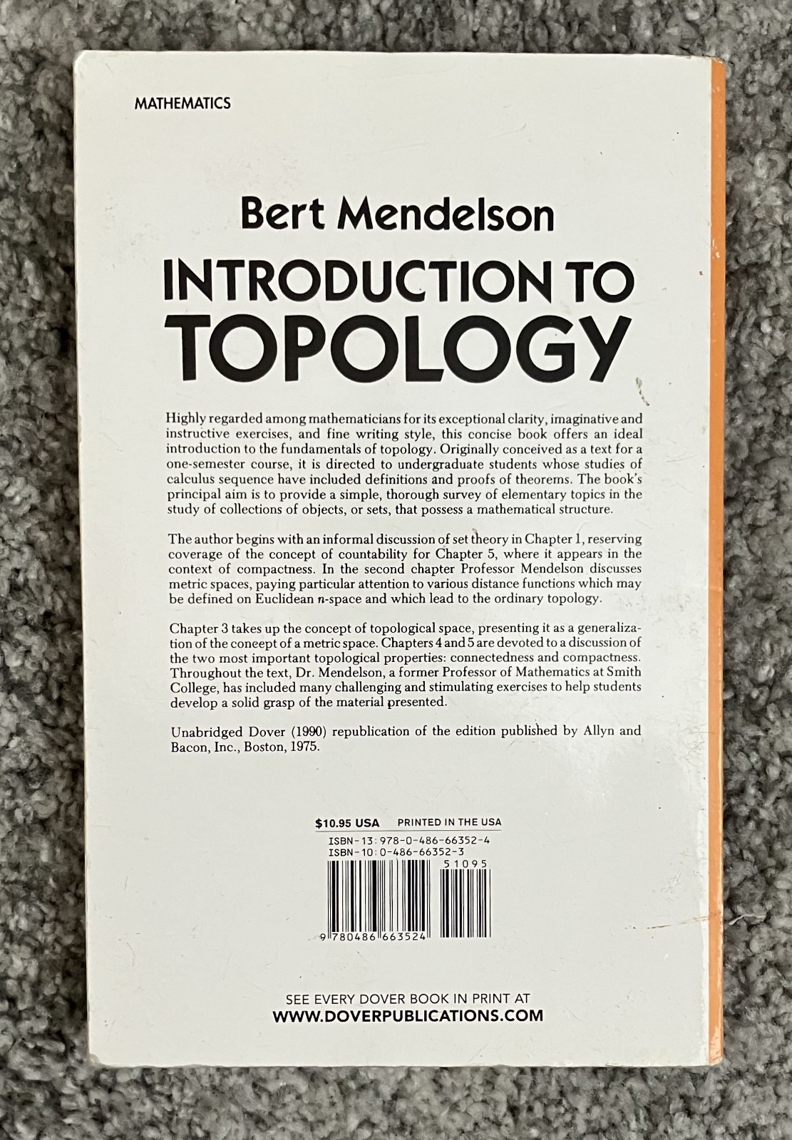 Introduction to Topology Third Edition Text Book by Bert Mendelson, Paperback