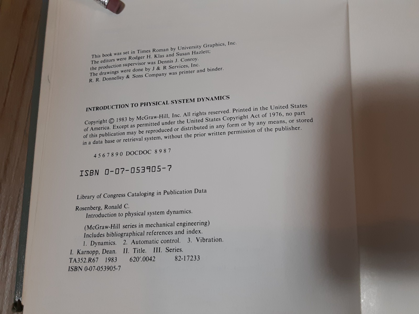 Introduction to Physical System Dynamics by Rosenberg and Karnopp 1983