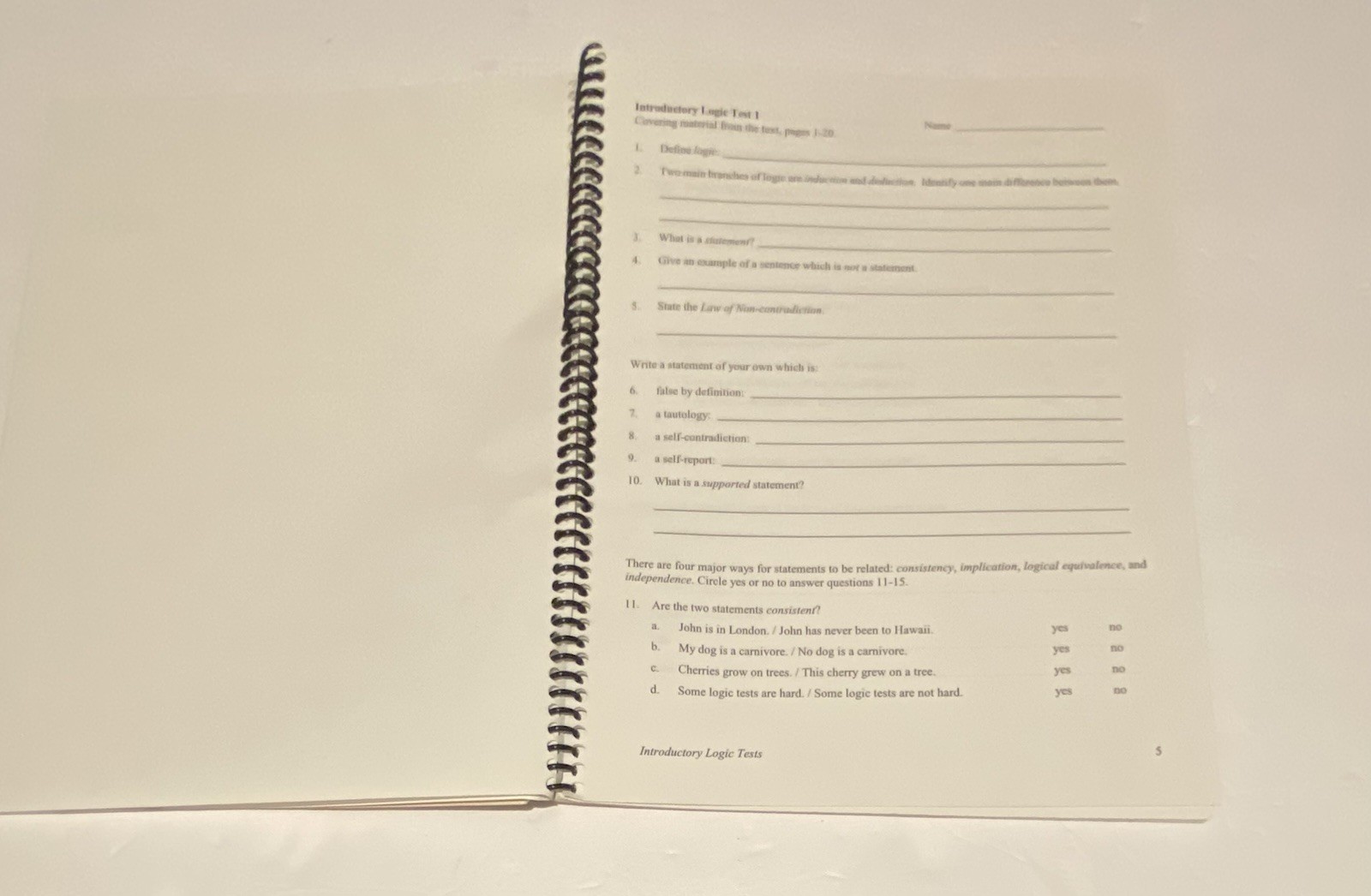 Introductory & Intermediate Logic Test Lot James B Nance Spiral Bound Answer Key