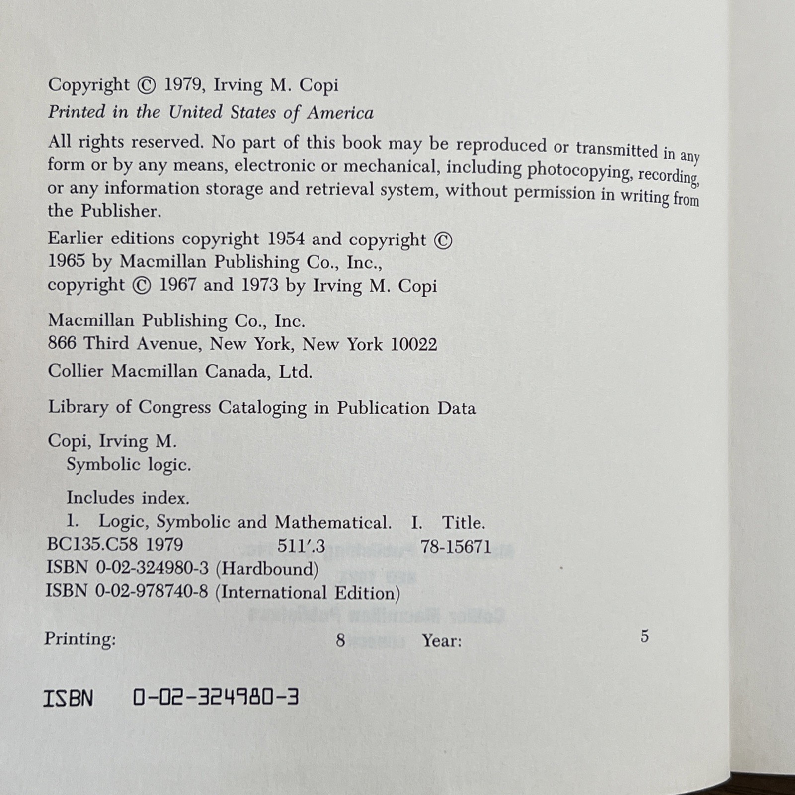 Symbolic Logic by Irving Copi – 5th Edition 8th Printing – Macmillan Hardcover