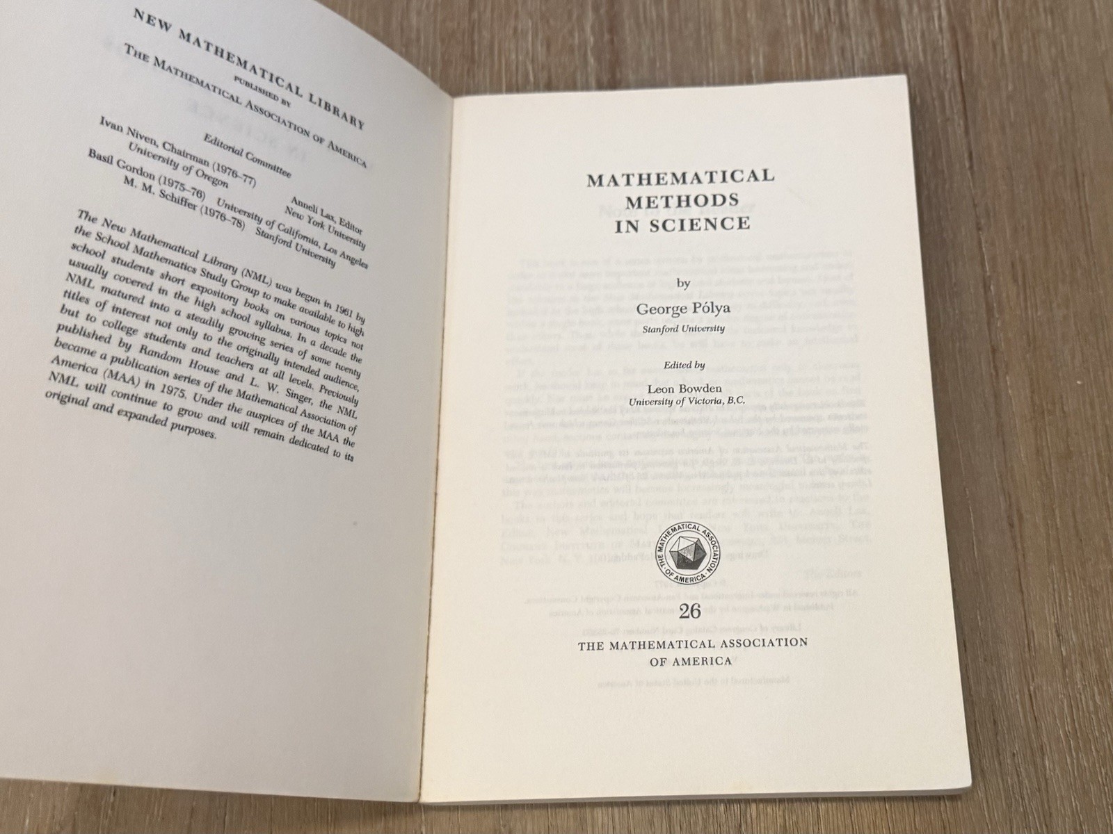 Mathematical Methods In Science by George Polya 1977 SC