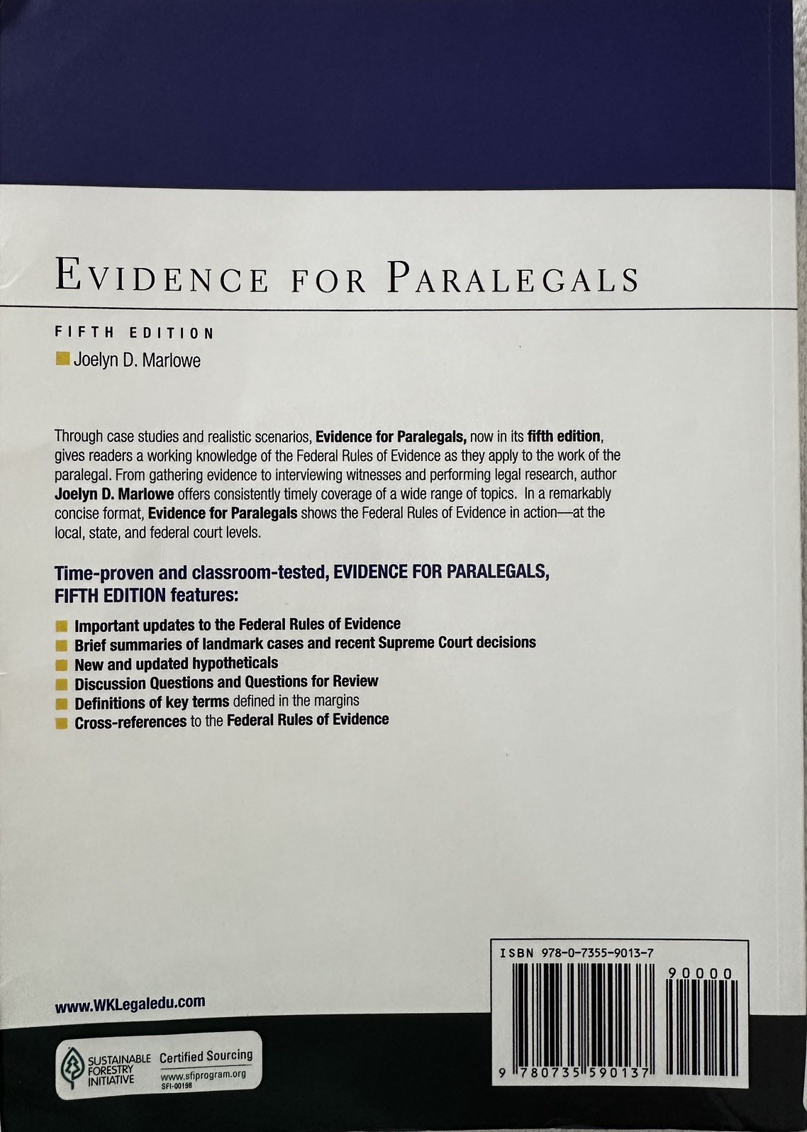 EVIDENCE FOR PARALEGALS, Fifth Edition, by Joelyn Marlowe – Good Condition
