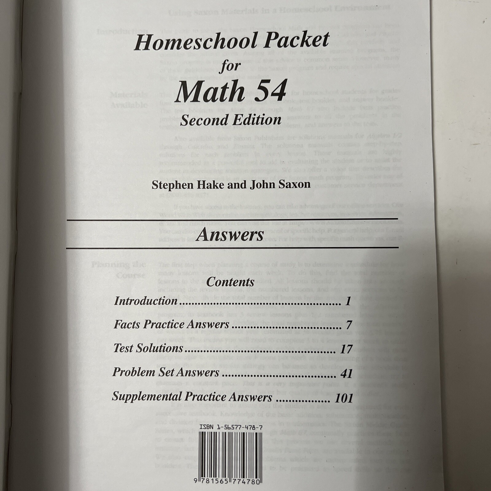 saxon 54 Math (2nd ed) ANSWER KEY ONLY