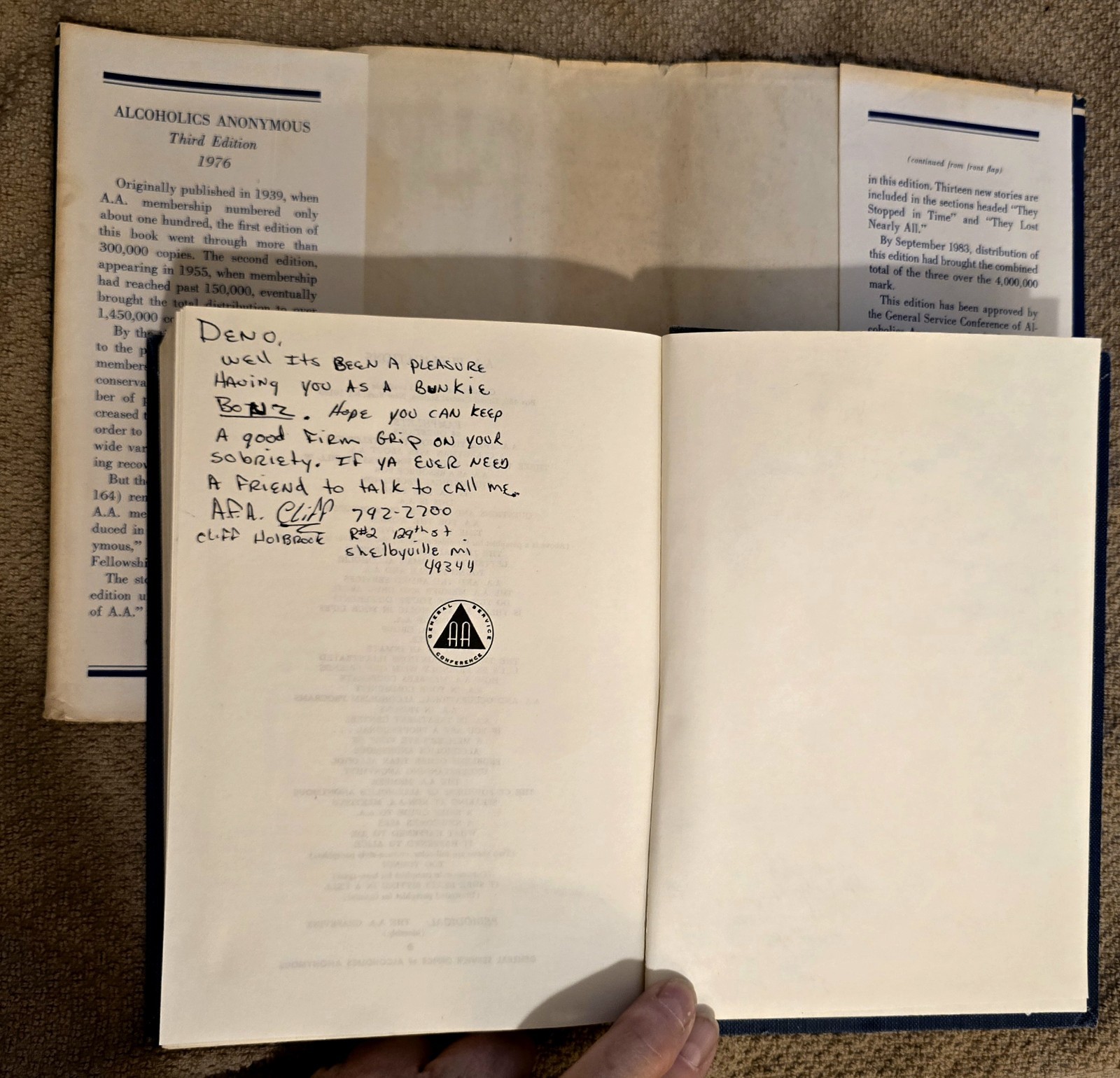 Alcoholics Anonymous HCDJ Third Edition 1983 Many Inscriptions & Hospital Insert