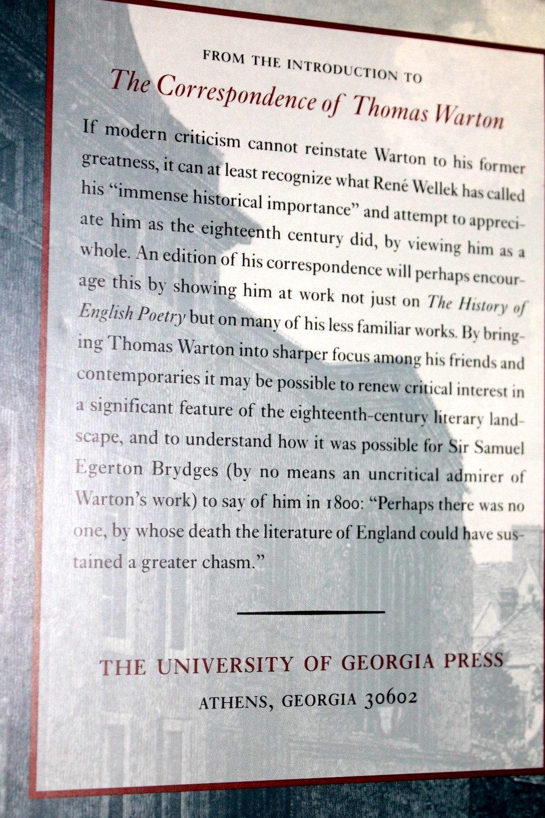 THE CORRESPONDENCE OF THOMAS WARTON Edited by D. Fairer (1995 HB) 1st/1st