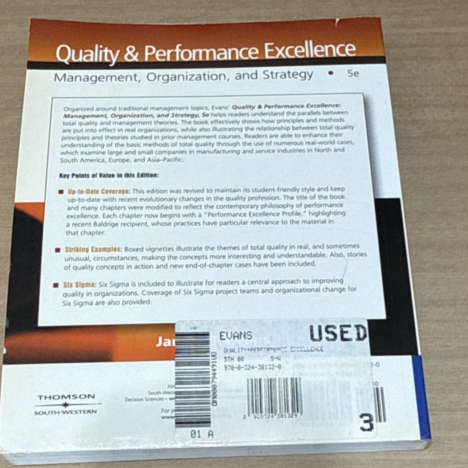 Thomson South-Western Quality & Performance Excellence Evans 5th Ed Paperback