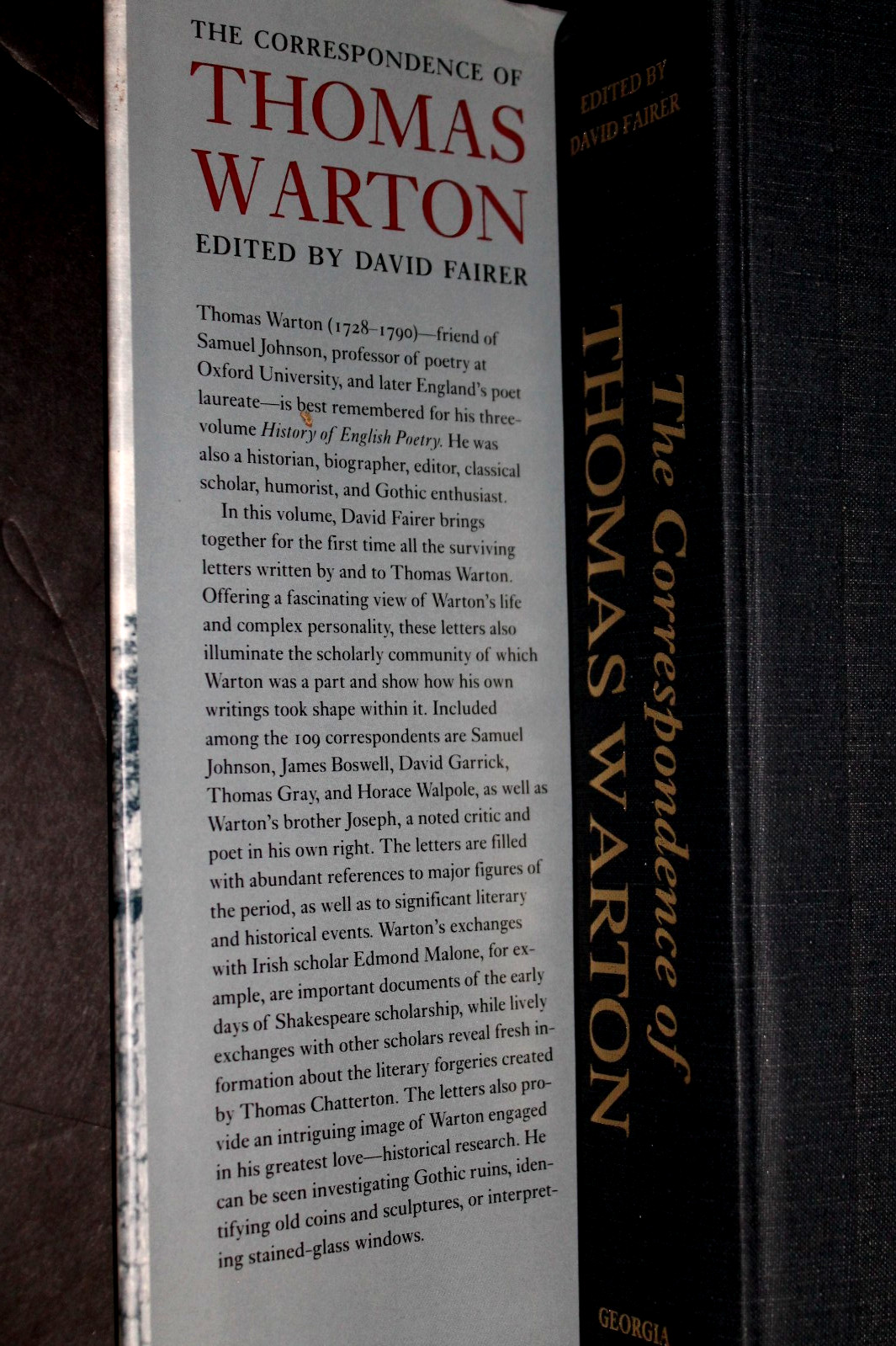 THE CORRESPONDENCE OF THOMAS WARTON Edited by D. Fairer (1995 HB) 1st/1st